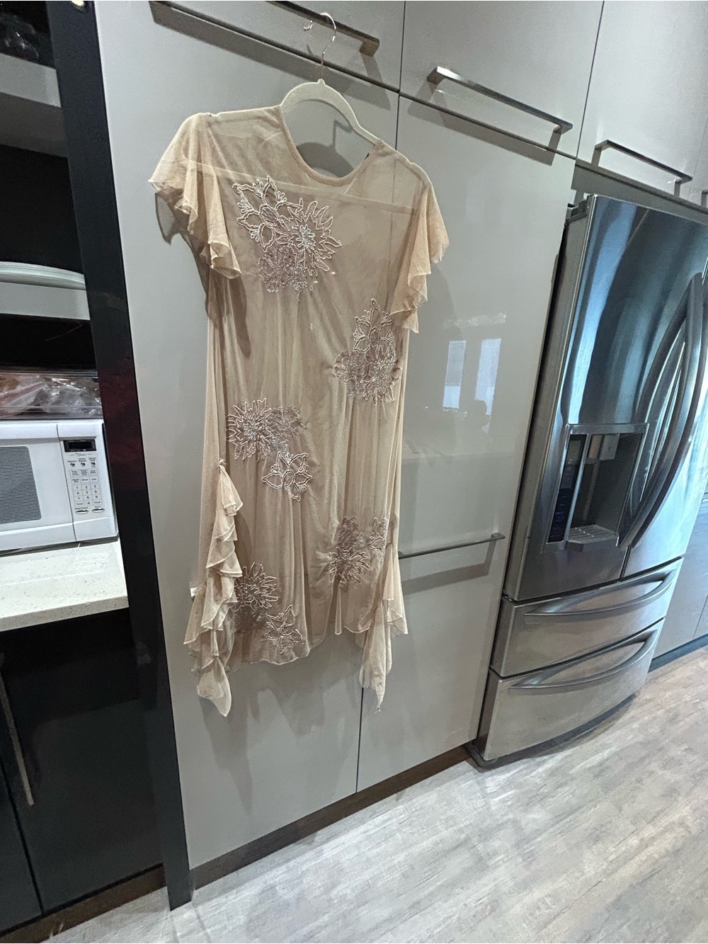 ZARA Trafaluc Delicate Nude Sheer Asymmetrical Dress with Floral Appliqué